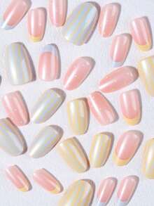 30pcs Short Oval Polka Dot French Nail Art Design Fake Nails Set, Includes 1 Double-Sided Adhesive And 1 Nail File, Short Polka Dot Nails Perfect For Parties, Dancing And Daily Wear - Multicolor - View 4