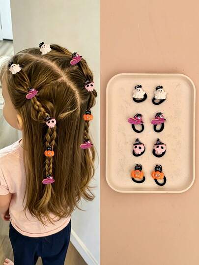 6pcs Random Girls Halloween Ghost Pumpkin Skull 3D Hair Ties, High Elasticity Cute Funny Holiday Casual Hair Accessories