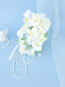 1pc Bohemian Style White Lily Water Drop Cascade Bridal Bouquet, Satin Ribbon Pearl Tassel, Wedding Photography Prop - White - View 6