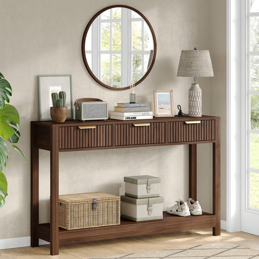 Furniouse 47.3 Inch Console Table With Charging Station, Modern Entryway Sofa Table With 3 Storage Drawers And Open Shelf, Easy Assembly Narrow Accent Table For Foyer, Living Room, Hallway Corridor - Brown - View 1
