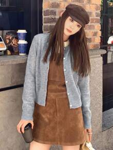 Autumn/Winter New Korean Style Casual Knit Cardigan, Sweet Grey Round Neck Open Front Soft Cropped Fitted Button-Up Solid Color Outerwear - Grey - View 3