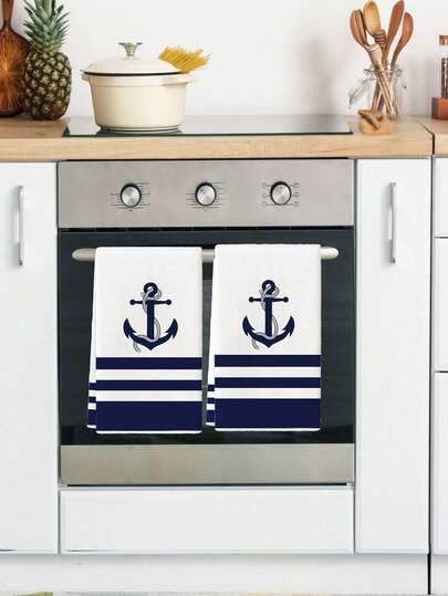 2Pcs Classic Navy Anchor And Stripes Graphic Pattern Kitchen Towels, Suitable For Household Kitchen Use, Daily Cleaning And Present Gifting