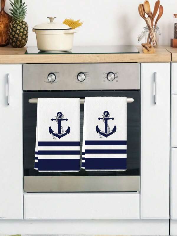 2Pcs Classic Navy Anchor And Stripes Graphic Pattern Kitchen Towels, Suitable For Household Kitchen Use, Daily Cleaning And Present Gifting