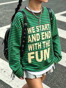 Women's New Arrival Bestselling Casual Striped Graphic Print Loose Pullover Sweatshirt - Green - View 4
