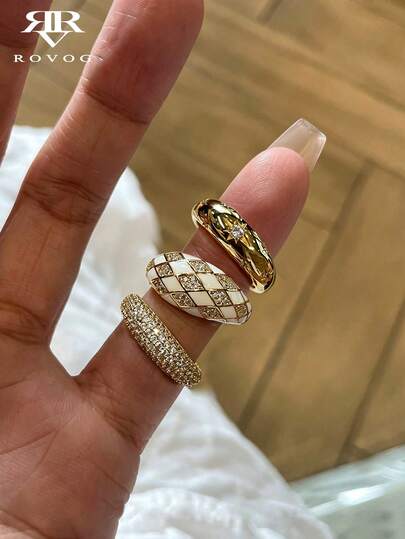 3pcs Elegant Luxury Cubic Zirconia Geometric Oil Drop Stackable Open Ring Set, Suitable For Women's Daily Wear And Gatherings