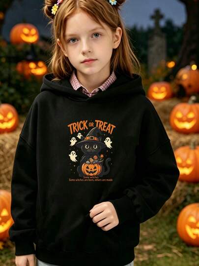 1-Piece Girls' Halloween Hoodie, Black Cat Trick-Or-Treat Print Hoodie, Everyday Party Pullover For Girls - Festive Gift