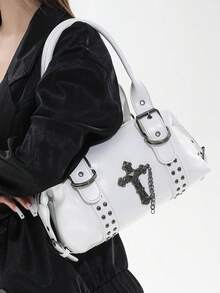 Shoulder Bag With Rivet Decoration, Detachable Strap And Zipper Closure, Cool Style Underarm Bag, Women's Bag, Unique Niche Design For Daily Outings, Dates, Commuting And Casual Crossbody Wear - White - View 5