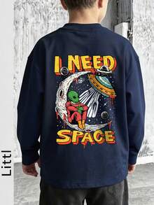 Tween Boys Long Sleeve Tee, I Need Space Alien UFO Moon Back Graphic Print, Fall Winter Casual Daily Tops - Navy Blue - View 2