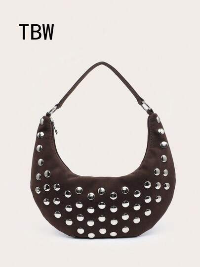 1 buah Tas Bahu Wanita Gaya Punk Bulan Sabit Vintage Street, Bahan Suede Imitasi dengan Hiasan Rivet, Tas Lengan, Ringan dan Modis, Cocok untuk Jalan-jalan dan Berbelanja