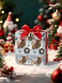 2/1 Roll Of Christmas Gift Wrapping Paper, Featuring A Calf Wearing A Wreath Pattern;Perfect For Christmas Gift Wrapping,Holiday Party Decor,Home Festive Decoration,DIY Craft,Festive Favour Wrapping Dimensions: 43 Cm X 300 Cm. - A - View 6