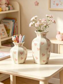 Cream White Ceramic Vase, Pink Heart Pattern Decorative Vase, Glazed Floral Vase And Pen Holder, Suitable For Bedroom, Children's Room Aesthetic Desktop Centerpiece - View 2