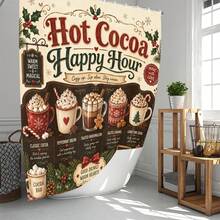 1pc/4pcs Christmas American Hot Cocoa Menu Multi-Functional Bathroom Decor Shower Curtain Set, Free 12 Hooks, Premium Holiday Atmosphere, Bathroom Mat, U-Shaped Floor Mat And Round Toilet Lid Cover, Suitable For All Christmas Scenes Decoration - American Hot Cocoa - View 2