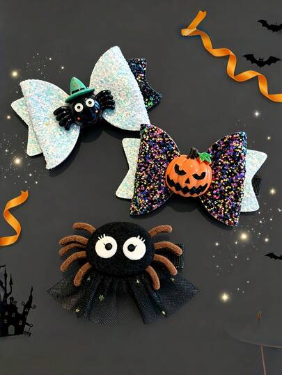 1pc Halloween Spider Sequin Bow Hair Clip, Cute Spider Witch Hat Hair Accessory, Shiny Sequin Bow Hair Clip, Suitable For Girls' Halloween Party Costume Hair Accessory
