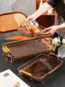 Tray, Gold Thickened Transparent PET Rectangular Tray With Handles, Plastic Storage Tray, Suitable For Tea Cups, Water Cups, Gold Rim Style - Amber - View 2