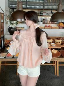 Korean Style Sweet Off-Shoulder Chiffon Blouse, Long Sleeve Women's Top For Early Autumn Pink - Pink - View 6