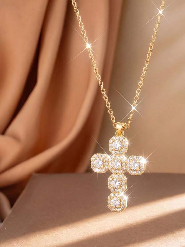 1pc Glamorous Shiny Cubic Zirconia Cross Necklace For Women, Gold Plated Jewelry Accessory, Versatile For Party, Music Festival, Anniversary, Birthday Gift For Girlfriend