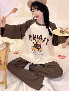 2pcs/Set Women's Pajamas Loungewear, Cute Bear Print Fashion Pullover Round Neck Long Sleeve Cropped Pants Set, Easy Care Fabric - Brown - View 3