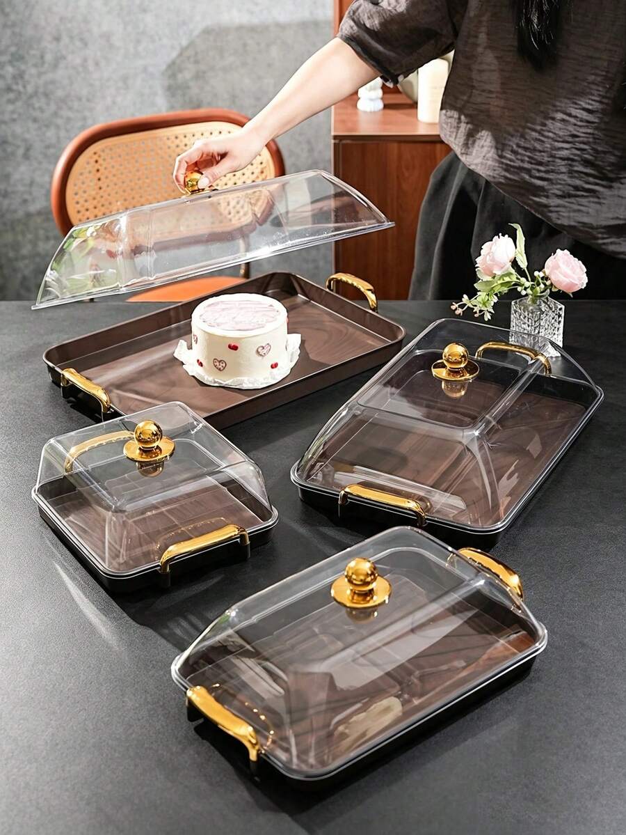 Walnut Wood Grain Tray With Cake Cover, Thickened PET Rectangular Tray With Handle And Cake Dome, Plastic Storage Tray, Suitable For Tea Cups, Water Cups, Snacks, Dried Fruits, Fruits Storage Tray, Serving Tray - Wood Grain - View 1