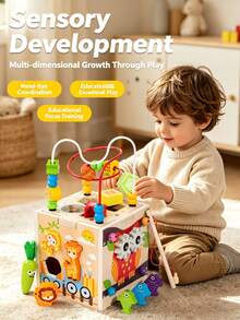 9-In-1 Wooden Multifunctional Activity Cube For Kids, 4-Sided Fun Bead Maze, Includes Fishing Game, Xylophone, Clock Recognition, Shape Matching, Colorful Design, Develops Fine Motor Skills, Enhances Number And Shape Recognition, Multi-Play Sensory Learning, Suitable For Toddlers, Parent-Child Interactive Tabletop Toy, Unisex, Birthday And Holiday Gift For Children - Multicolor - View 4