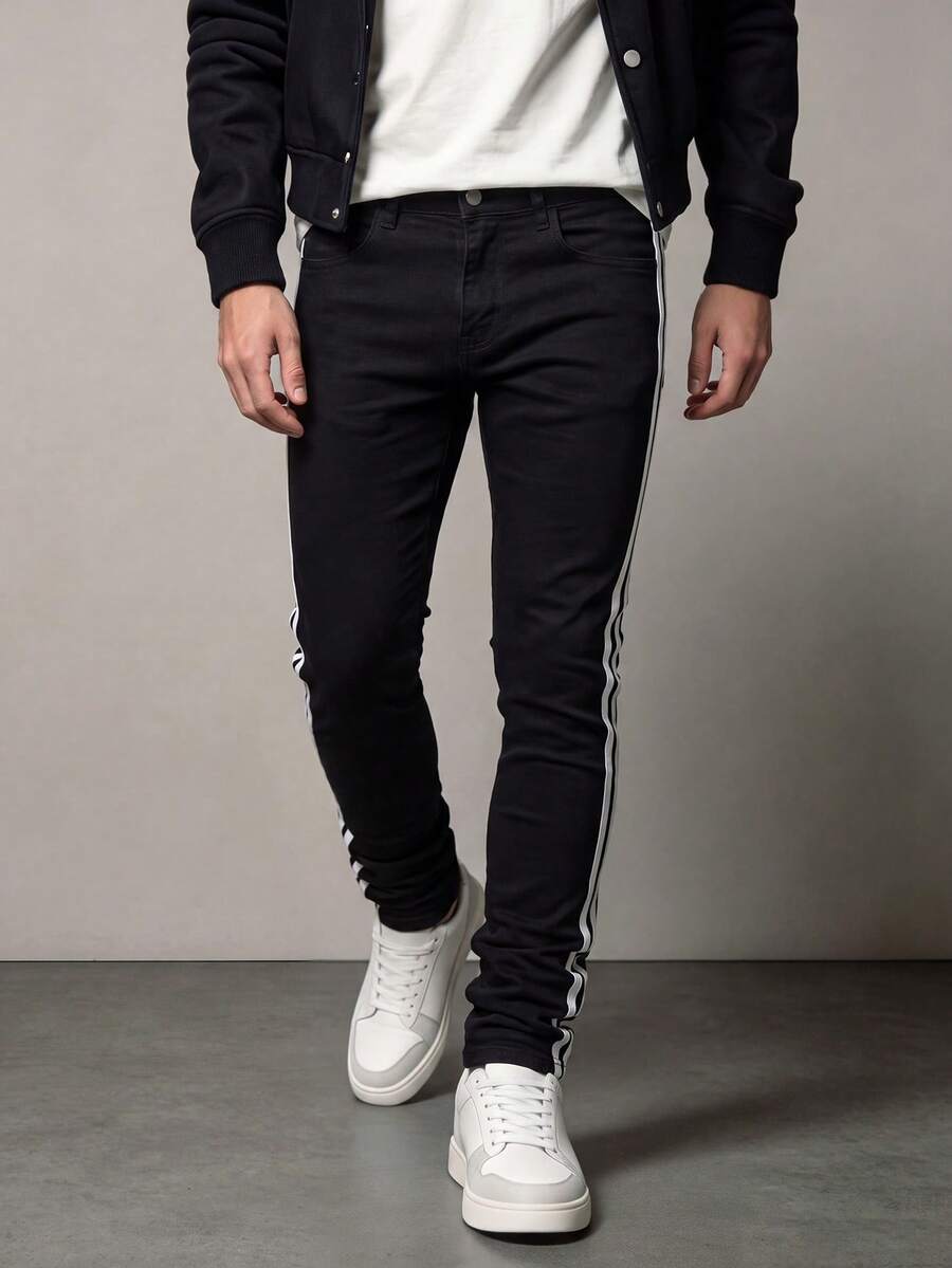 American Retro Slim Straight Fit Jeans, Pure Black With White Side Stripes, Slim Men's Casual Stretch Denim Long Pants - Black - View 1
