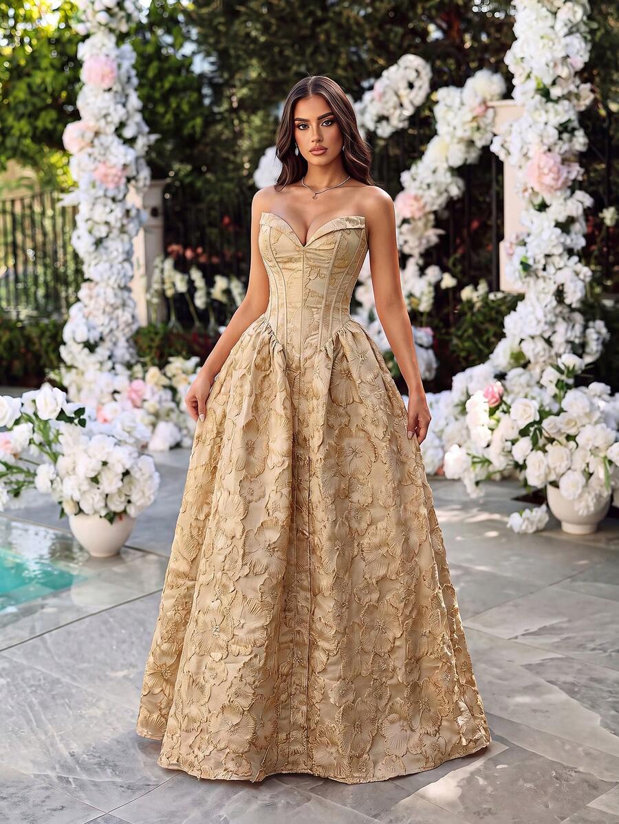 Elegant Tube Top Waisted Backless Bodycon Tie-Back Fishbone Floor-Length Bridesmaid Dress Prom Gown Homecoming Wedding Guest Formal Dinner Fall - Apricot - View 1