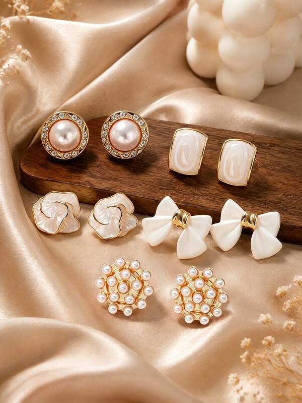 5 Pairs Mixed Decorative Earrings Set, Gold-Framed Bow Faux Pearl Accessories, Women's Daily Wear