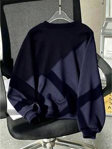 Boys Solid Color Minimalist Crew Neck Long Sleeve Sweatshirt, Casual Fashion, Suitable For Autumn/Winter Outdoor Wear - Navy Blue - View 3