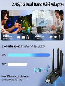 Driver-Free Wireless Network Adapter, WiFi6 High-Speed 5G Dual-Band USB Computer Receiver - Black - View 8