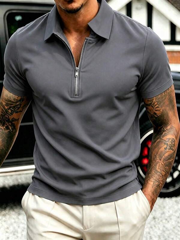 Men's Summer Half-Zip Polo Short Sleeve T-Shirt, Solid Color Classic Short Sleeve Suitable For Outdoor Casual Wear
