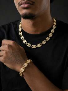 1 Set 13mm Wide Full Rhinestone Pig Nose Chain Necklace & Bracelet 2-Piece Set, Densely Inlaid Rhinestone Heavy Chain, Hip Hop Street Style Accessories, Rap Music Festival Party Unisex Gift Jewelry - Style NL2047 - View 2