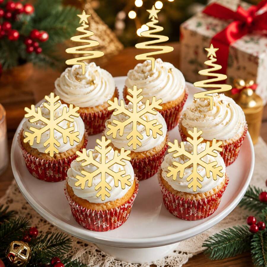 6Pcs/12Pcs/13Pcs/Set Merry Christmas Acrylic Cake Topper Set Gold Xmas Tree Snowflake Cupcake Toppers Winter Holiday Family Party Cake Dessert Decoration Supplies - Multicolor - View 1