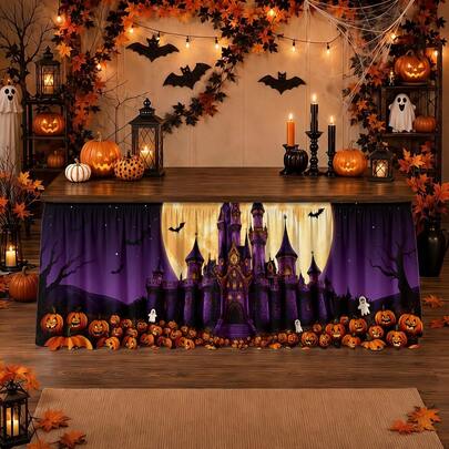 1pc Halloween Castle Pumpkin Moon Bat Theme Table Skirt, Eerie Gothic Holiday Decor Tablecloth For Party, Dining Table, Event Celebration