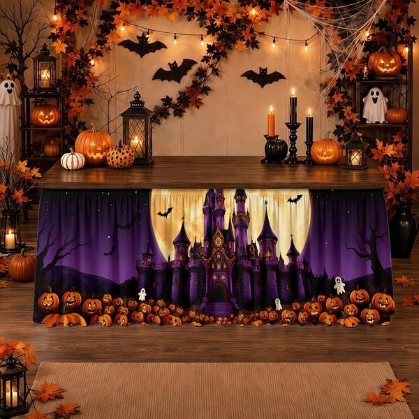 1pc Halloween Castle Pumpkin Moon Bat Theme Table Skirt, Eerie Gothic Holiday Decor Tablecloth For Party, Dining Table, Event Celebration