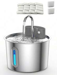 Automatic Pet Water Dispenser - Stainless Steel Material, Lithium-Ion Battery Powered, 74oz/2.2L Capacity, With Water Level Window For Easy Monitoring - Suitable For Cats And Puppies - Base And Interior Easy To Clean, Automatic Water Supply - 2.2L - View 1