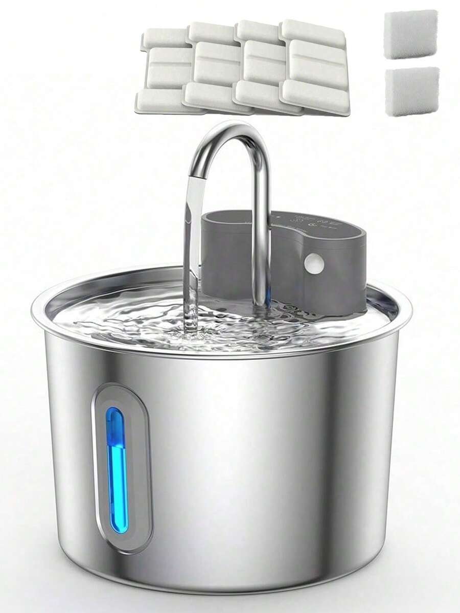 Automatic Pet Water Dispenser - Stainless Steel Material, Lithium-Ion Battery Powered, 74oz/2.2L Capacity, With Water Level Window For Easy Monitoring - Suitable For Cats And Puppies - Base And Interior Easy To Clean, Automatic Water Supply - 2.2L - View 1