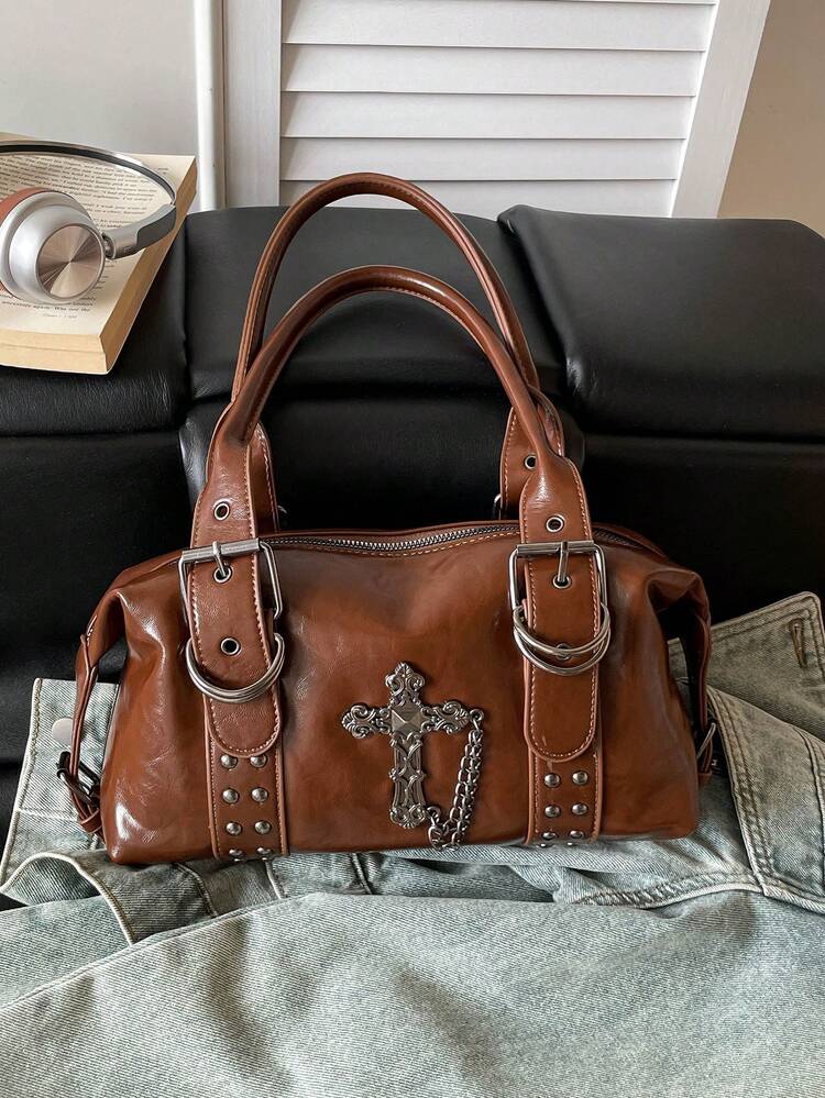 Shoulder Bag With Rivet Decoration, Detachable Shoulder Strap And Zipper Closure, Cool Style Underarm Bag, Women's Bag, Unique Niche Design, Suitable For Daily Outings, Dates, Commuting And Casual Crossbody Wear - Brown - View 5