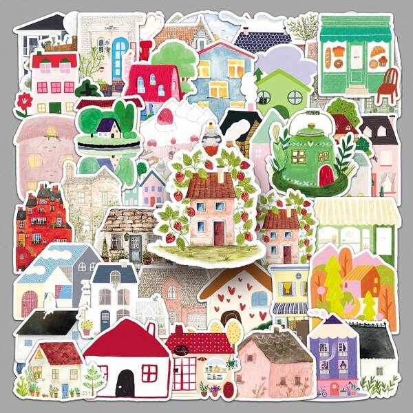 50pcs Hand-Drawn House Stickers, Cartoon Cute Creative Decorative Stickers For Planner, Tumbler, Phone Case, Guka