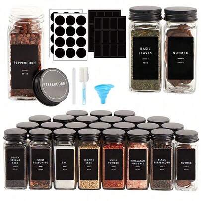 4 Pieces /8 Pieces 12 Pieces /18 Pieces /24 Pieces, Spice Bottle Set, 4 Oz Square Spice Jar, Wooden Lid Jar, Kitchen Barbecue Spice Bottle, Spice Rack Storage Box, Kitchen Tools, Kitchen Accessories(The Content Of The Sticker Needs To Be Filled)
