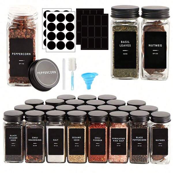 4pcs/8pcs/12pcs/18pcs/24pcs Seasoning Bottle Set, 4oz Square Seasoning Jars, Wooden Lid Jars, Kitchen BBQ Seasoning Bottles, Spice Rack Storage Box, Kitchen Tools, Kitchen Accessories (Sticker Content Needs To Be Filled In Yourself)