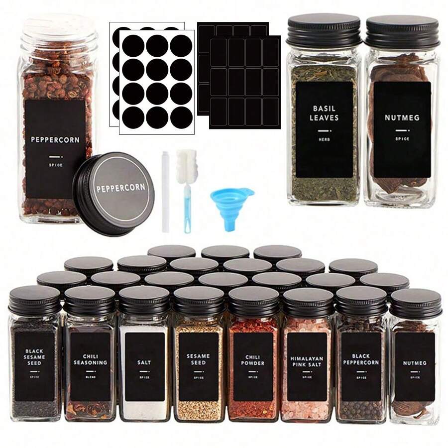 4pcs/8pcs/12pcs/18pcs/24pcs Seasoning Bottle Set, 4oz Square Seasoning Jars, Wooden Lid Jars, Kitchen BBQ Seasoning Bottles, Spice Rack Storage Box, Kitchen Tools, Kitchen Accessories (Sticker Content Needs To Be Filled In Yourself) - Multicolor - View 1