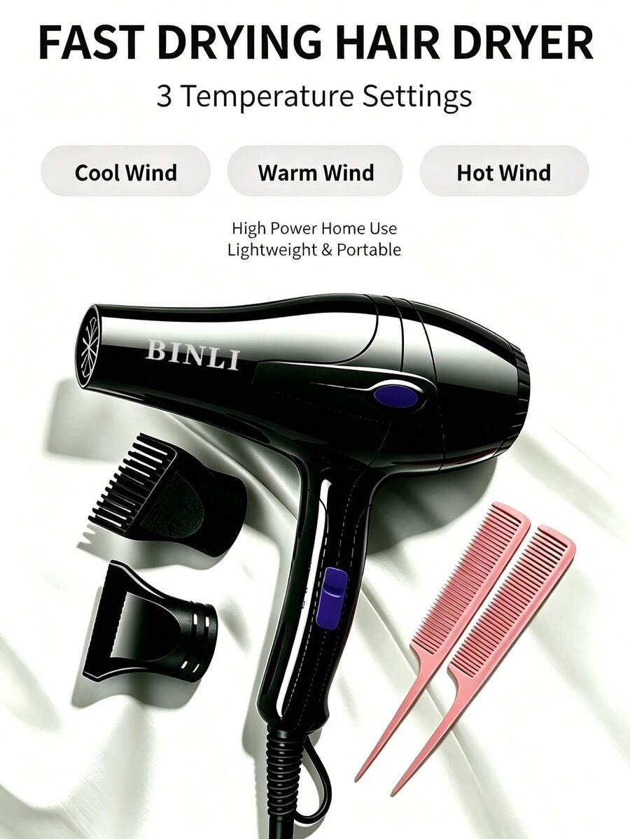 1pc Nylon Shockproof Housing Hair Dryer With 2 Nozzles, High Airflow One-Button Control High Power Blow Dryer, Random Nozzle Style, UK Plug - UK Plug(220-240V) - View 1