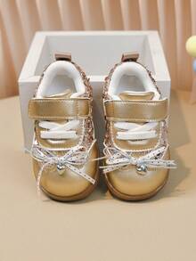 Gold Sequin Girls' First Walker Shoes, Heart Pendant Bow Magic Tape Princess Shoes For Baby Girls - Rose Gold - View 2