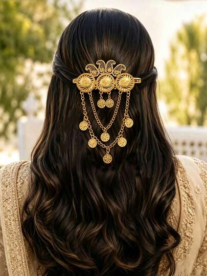 Herseygold 1 pieza Pinza para el cabello de mujer de moda turca chapada en oro con borla de moneda árabe, accesorio para el cabello, tocado nupcial de estilo kurdo