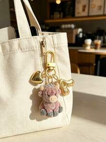 Bag Charm Flocked Calf Keychain, Bag Pendant, Backpack Charm, Decorative Accessory With Heart & Letter Metal Accent, Suitable For Girls, Students, Commuters, Birthday & Holiday Gift, Decorates Keys, Handbags, Backpacks, Daily Outfit Accent, Cute 3D Flocked Personalized Portable Accessory Gift - Multicolor - View 4