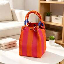 1pc Vertical Color Block Bento Bag, Multifunctional Portable Lunch Box, Drawstring Seal, Hand-Carry Or Shoulder-Carry, Reusable, Suitable For School, Work, Camping, Picnic And Other Occasions, Does Not Directly Contact Food - Multicolor - View 12