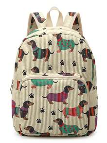 1 Piece Backpack, Women's Mini Backpack, Corduroy Girl School Bag, Travel Storage Bag, Puppy Printed Design, Large‑Capacity Foldable Easy‑To‑Store Bag, Lightweight & Pressure‑Relieving, Multi‑Pocket Layered Design With Zipper Closure - Paw Print Puppy 20899 - View 5