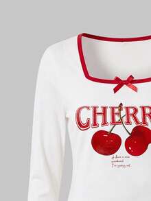Sweet Autumn/Winter Girl Red Cherry Print Bow Decoration Long Sleeve+Striped Long Pants Pajamas 2 Pieces Set, Soft Fabric, Suitable For Girls' Home Wear - White - View 6