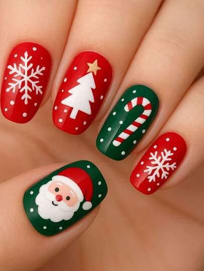 24 stuks rode en groene korte vierkante en ronde kerst nagelstickers, cartoon Kerstman sneeuwvlok nagelstickers, schattige suikerstok kerstboom afneembare nagels, herfst/winter vakantie sfeer handgemaakte nagelstickers, stippen kerstthema nepnagels, vakantie sfeer afneembare nepnagelstickers