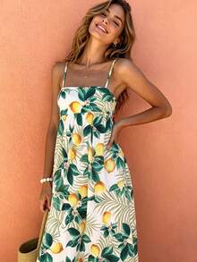 Women's Casual Elegant Vacation Style Lemon Leaf All-Over Print Spaghetti Strap Dress, Spring/Summer - Multicolor - View 1