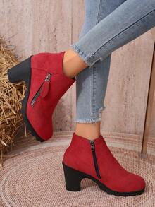 Women's Autumn/Winter Solid Color Side Zipper Chunky Heel Ankle Boots, Fashion Thick Platform Waterproof Versatile Western Style Side Zipper Chunky Heel Holiday Outdoor - Red - View 15